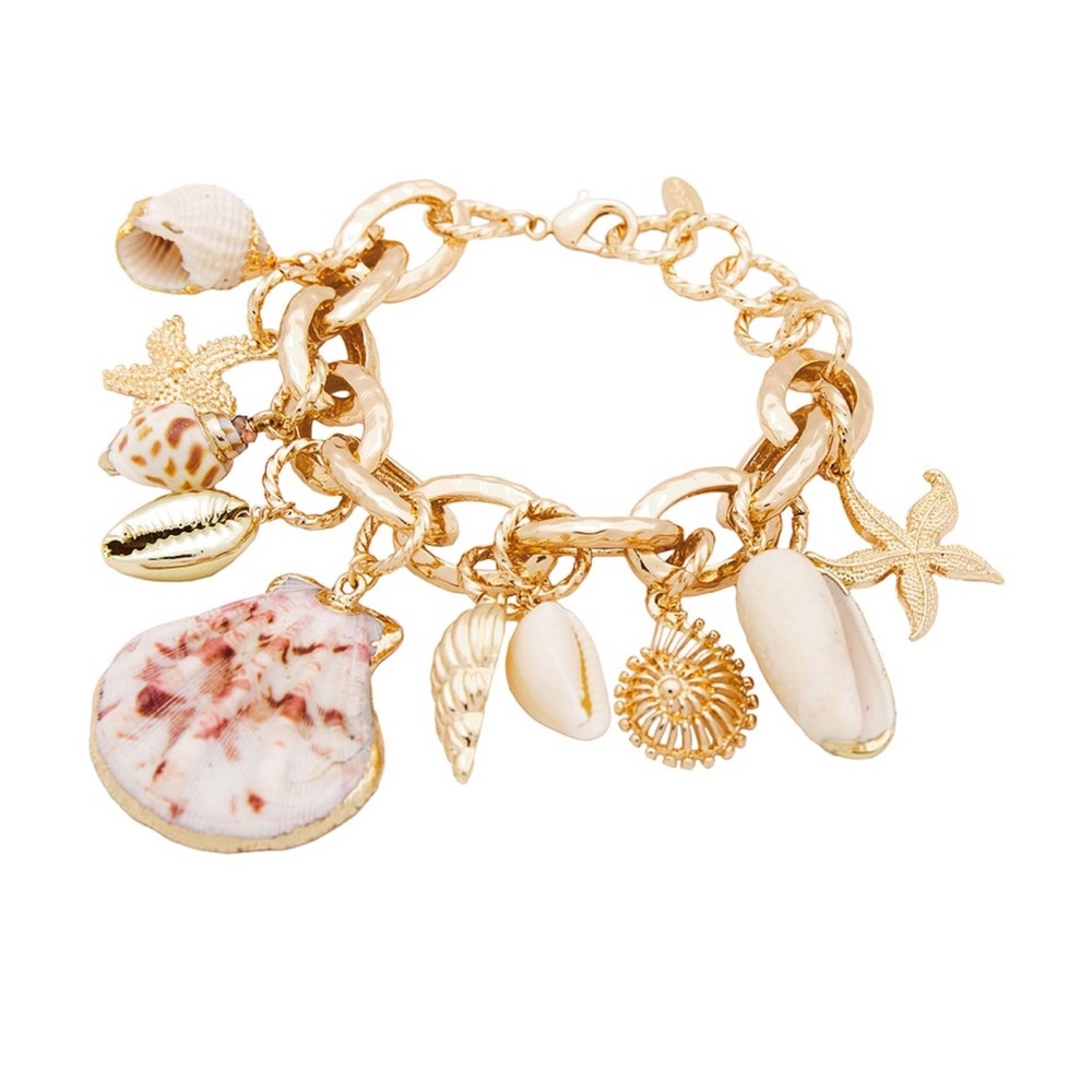 ettika Gold-Tone Beach Charm Bracelet with Pink and White Shells